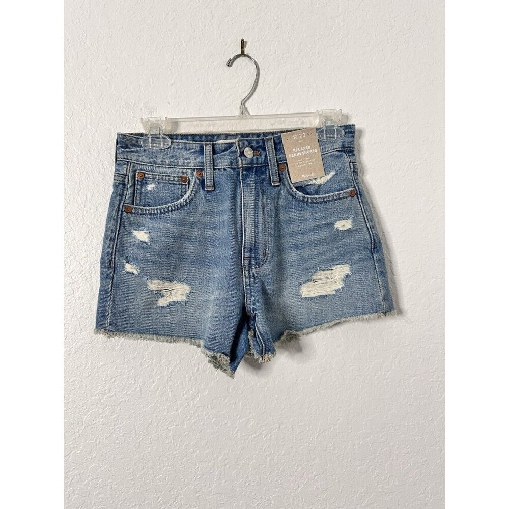 Madewell Relaxed Denim Shorts Mid Length Women's Size 25 Distressed Raw Hem NWT